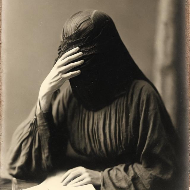 Prompt: An late 19th century woman with a book covering her face.