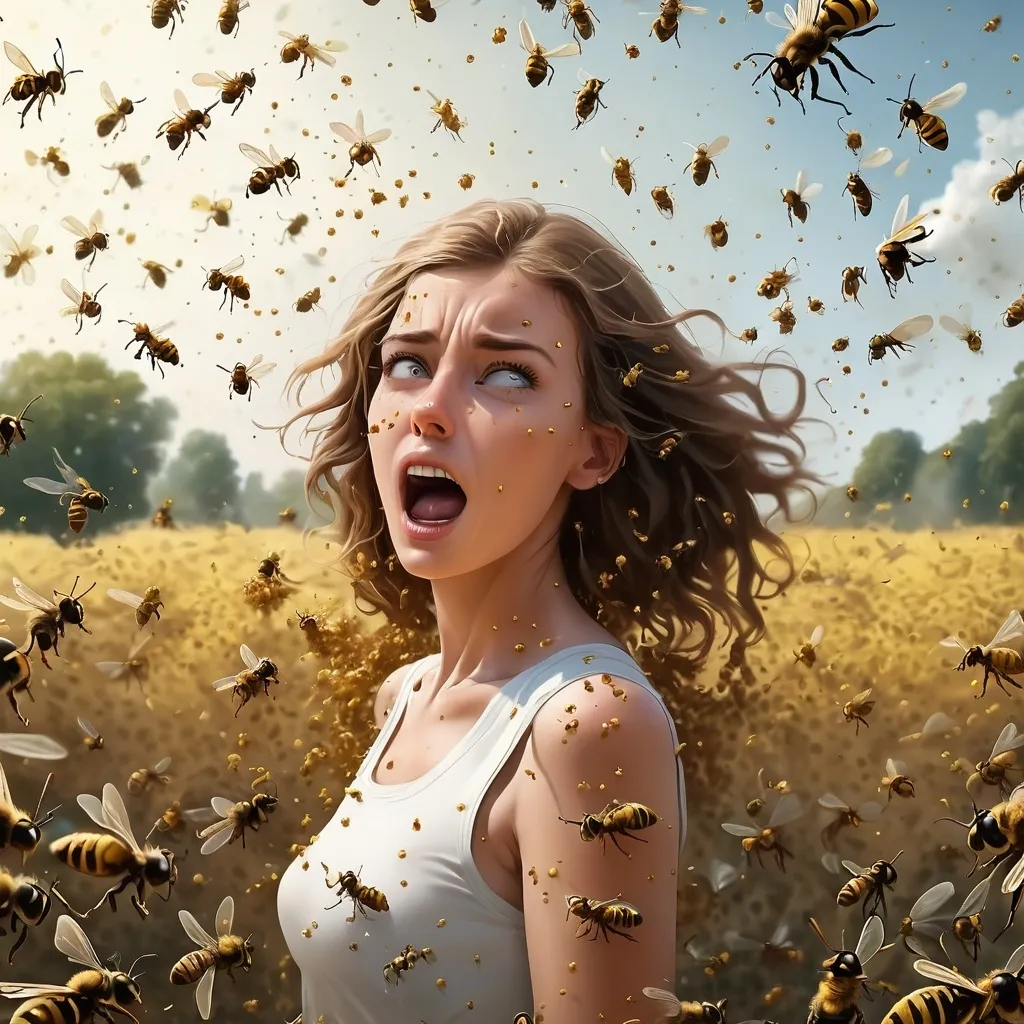 Prompt: A gril being attacked by thousands of wasps. Overwelming and surreal. Background cannot be seen.