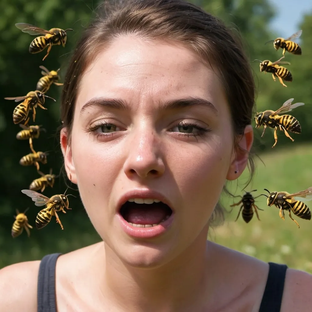 Prompt: A gril being attacked by wasps. Overwelming