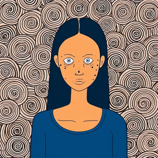Prompt: A girl with spiral eyes surrounding by spirals. Her expression is anxious and worrisome. Sense of overwelmingness. 