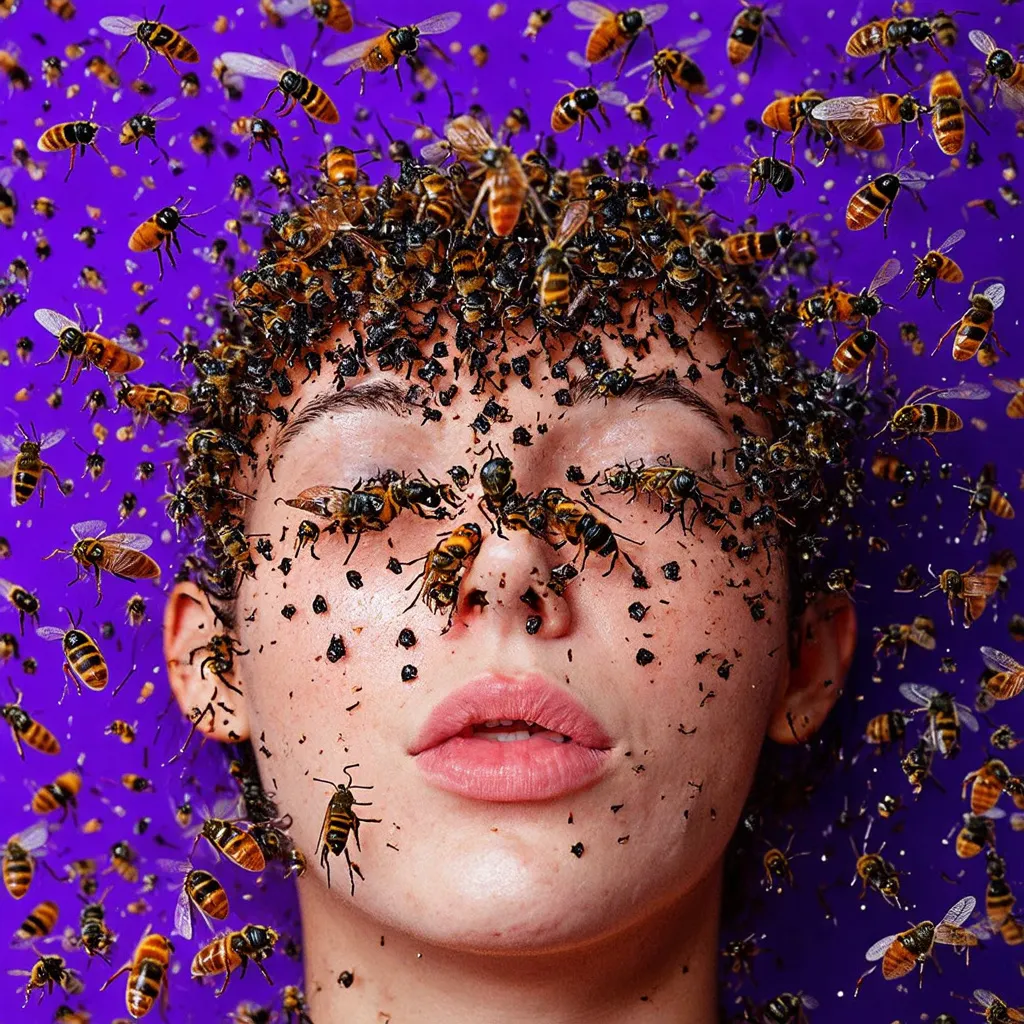 Prompt: Extreme close-up of a gril being attacked by thousands of wasps. Overwelming and surreal. Purply surreal background.