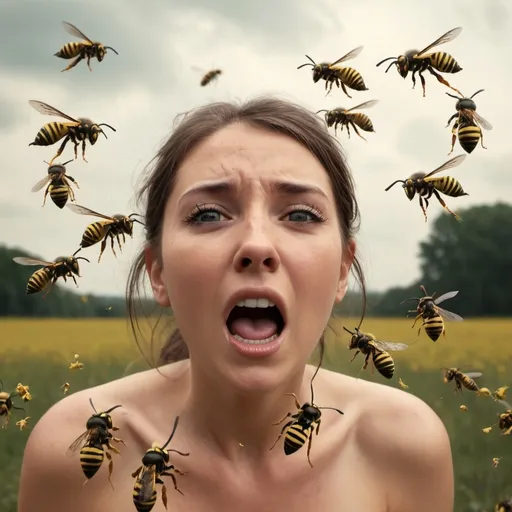 Prompt: A gril being attacked by wasps. Overwelming and surreal.