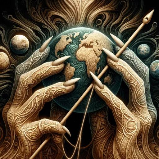 Prompt: Surrealism, Mother Earth, knitting needles, world, detailed hands, intricate patterns, high quality, surreal, earthy tones, dreamlike lighting