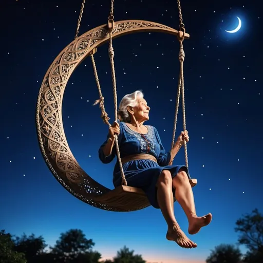 Prompt: An old woman swinging from a crescent moon, barefoot, deep blue sky, twinkling stars, chiaroscuro, intricate details, HDR, beautifully shot, hyperrealistic, sharp focus, 64 megapixels, perfect composition, high contrast, cinematic, atmospheric, moody