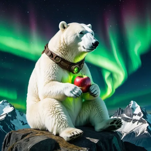 Prompt: A steampunk polar bear eating an apple, sitting on top of a mountain at night, under a green Aurora Borealis