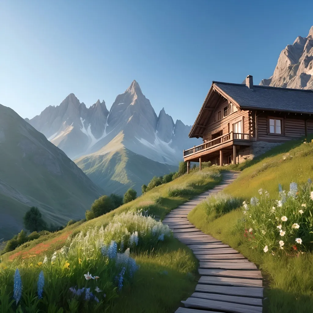 Prompt: (dramatic mountain landscape), (traditional wooden house), serene and tranquil atmosphere, soft morning light illuminating the scene, clear blue sky contrasted with rugged peaks, lush greenery in the foreground, subtle details like wildflowers and a winding path, (highly detailed), (4K resolution), evoke a sense of peace and connection with nature.