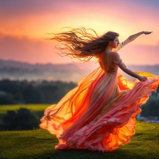 Prompt: beautiful woman chasing an early sunrise, (dynamic pose), vibrant colors filling the sky, with hues of orange, pink, and gold, light reflecting on her hair, wearing a flowing dress that flutters in the breeze, lush green landscape in the background, (ethereal lighting), capturing a sense of freedom and hope, highly detailed, warm and uplifting atmosphere, HD quality image