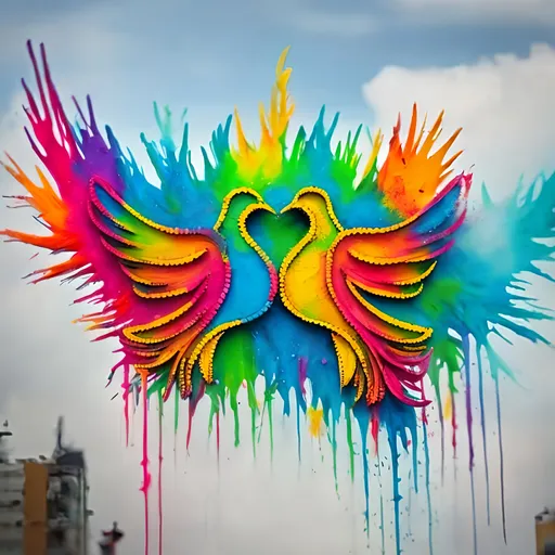 Prompt: a beautiful bold, vibrant creative variationsMake them more beaiutil and exciting and dynamic
.  I want the birds covered in paint and spraying it everywhere.
