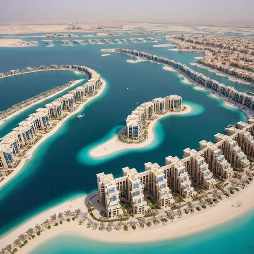 Prompt: Dubai islands, colorful landscape, blue colours, luxury apartments