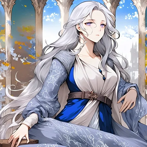 Prompt: Fantasy anime art featuring a beautiful silver-haired lady with fair skin and long lustrous silver side-parting hair. Her long loose silver hair is windswept. The colour of her eyes are pale purple. The lighting should be warm tone and cinematic. The lady is elegant, sensual and pensive. She is dressed in the fashion of medieval nobility and wears a blue silk dress. She has an hourglass figure and perfect body proportions. She has a natural complexion and does not wear makeup. The art should be of the best quality and similar to art trending on artstation. 