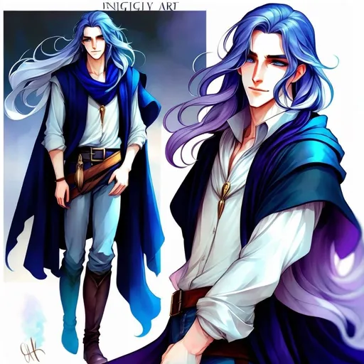 Prompt: Fantasy art featuring a handsome blue-haired man in his early twenties with fair skin and long lustrous dark blue hair. His long loose dark blue hair is windswept. He is clean-shaven and beardless. The irises of his eyes are pale purple in color. The lighting should be cool-toned and cinematic. The man is elegant, dignified and pensive. He is wearing a blue travelling cloak. He is lean, fit and has perfect body proportions. The art should be HDR and highly detailed, similar to art trending on Artstation. 