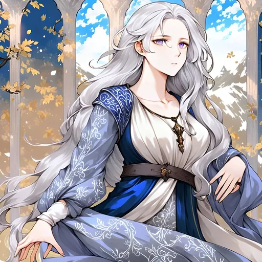 Prompt: Fantasy anime art featuring a beautiful silver-haired lady with fair skin and long lustrous silver side-parting hair. Her long loose silver hair is windswept. The colour of her eyes are pale purple. The lighting should be warm tone and cinematic. The lady is elegant, sensual and pensive. She is dressed in the fashion of medieval nobility and wears a blue silk dress. She has an hourglass figure and perfect body proportions. She has a natural complexion and does not wear makeup. The art should be of the best quality and similar to art trending on artstation. 