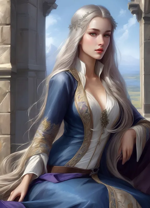 Prompt: Generate fantasy art featuring a beautiful lady with fair skin and long lustrous silver side-parting hair. Her hair is dramatically flowing with the wind. The irises of her eyes are pale purple in color. The lighting should be warm tone and cinematic. The lady is elegant, sensual and pensive. She is dressed in the fashion of medieval nobility and wears a blue silk dress. She has an hourglass figure and perfect body proportions. She has a natural complexion and does not wear makeup. The art should be of the best quality and similar to art trending on artstation. 