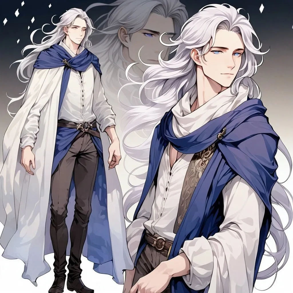 Prompt: Fantasy art featuring a handsome man in his early twenties with fair skin and long lustrous silver hair. His long loose hair is windswept. He is clean-shaven and beardless. His eyes are pale purple in color. The lighting should be cool-toned and cinematic. The man is elegant, dignified and pensive. He is wearing a blue travelling cloak. He is lean, fit and has perfect body proportions. The art should be HDR and highly detailed, similar to art trending on Artstation. 