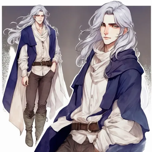 Prompt: Fantasy art featuring a handsome man in his early twenties with fair skin and long lustrous silver hair. His long loose hair is windswept. He is clean-shaven and beardless. The irises of his eyes are pale purple in color. The lighting should be cool-toned and cinematic. The man is elegant, dignified and pensive. He is wearing a blue travelling cloak. He is lean, fit and has perfect body proportions. The art should be HDR and highly detailed, similar to art trending on Artstation. 