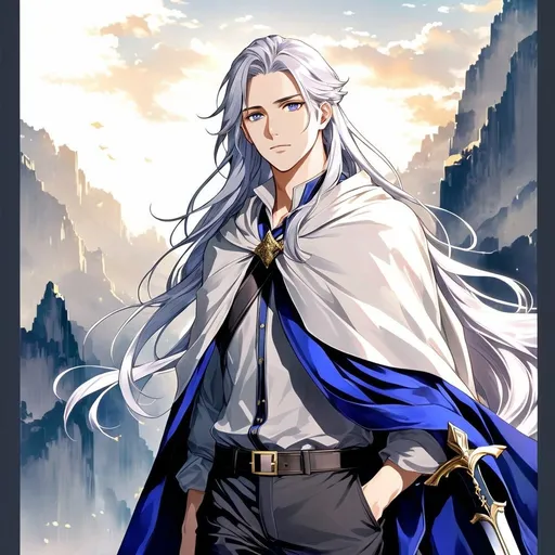 Prompt: Fantasy anime art featuring a handsome man brandishing a sword. He is in his early twenties with fair skin and long lustrous silver hair. His long loose hair is windswept. He is clean-shaven and beardless. His eyes are pale purple in color. The lighting should be cool-toned and cinematic. The man is elegant, dignified and pensive. He is wearing a blue travelling cloak. He is lean, fit and has perfect body proportions. The art should be HDR and highly detailed, similar to art trending on Artstation. 