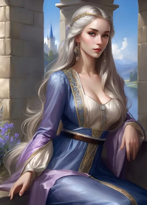 Prompt: Generate fantasy art featuring a beautiful lady with fair skin and long lustrous silver side-parting hair. The irises of her eyes are pale purple in color. The lighting should be warm tone and cinematic. The lady is elegant, sensual and pensive. She is dressed in the fashion of medieval nobility and wears a blue silk dress. She has an hourglass figure and perfect body proportions. She has a natural complexion and does not wear makeup. The art should be of the best quality and similar to art trending on artstation. 