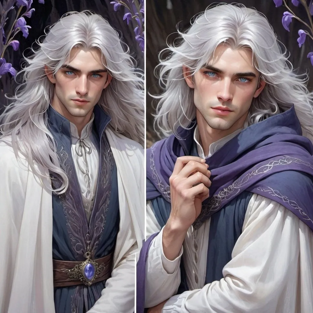 Prompt: Fantasy art featuring a handsome man in his early twenties with fair skin and long lustrous silver hair. His long loose hair is windswept. He is clean-shaven and beardless. The irises of his eyes are pale purple in color. The lighting should be cool-toned and cinematic. The man is elegant, dignified and pensive. He is wearing a blue travelling cloak. He is lean, fit and has perfect body proportions. The art should be HDR and highly detailed, similar to art trending on Artstation. 