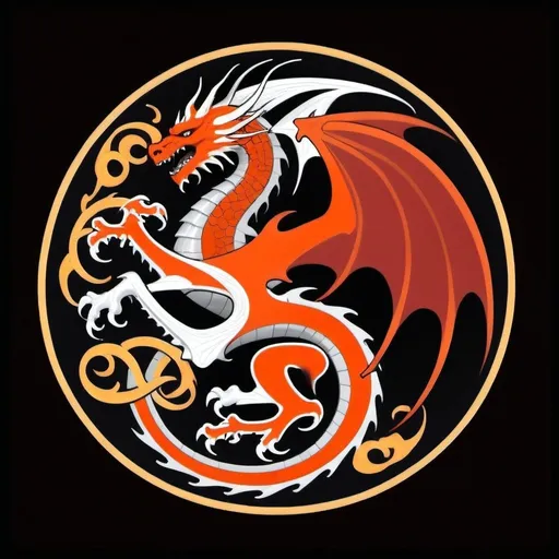 Prompt: Create a stylised house sigil for a Valyrian noble house from Game of Thrones depicting a white dragon coiled around a black tower, with flames erupting from its mouth and wings spread wide against a background of vibrant orange or golden yellow. Beneath the sigil, include the house words 'Eternal Flame, Unyielding Power' written in elegant, stylized lettering reminiscent of ancient Valyrian script. The image should convey a sense of regal majesty, power, and dominance, reflecting the noble lineage and formidable nature of House Draconis.