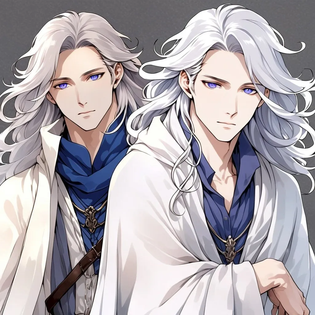 Prompt: Fantasy anime art featuring a handsome man in his early twenties with fair skin and long lustrous silver hair. His long loose hair is windswept. He is clean-shaven and beardless. His eyes are pale purple in color. The lighting should be cool-toned and cinematic. The man is elegant, dignified and pensive. He is wearing a blue travelling cloak. He is lean, fit and has perfect body proportions. The art should be HDR and highly detailed, similar to art trending on Artstation. 