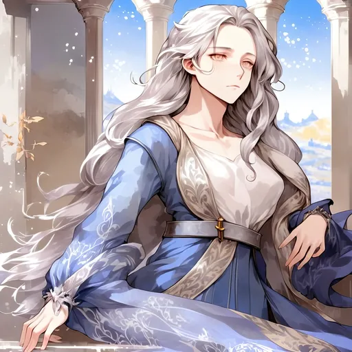 Prompt: Fantasy anime art featuring a beautiful lady with fair skin and long lustrous silver side-parting hair. Her long loose hair is windswept. The irises of her eyes are pale purple in color. The lighting should be warm tone and cinematic. The lady is elegant, sensual and pensive. She is dressed in the fashion of medieval nobility and wears a blue silk dress. She has an hourglass figure and perfect body proportions. She has a natural complexion and does not wear makeup. The art should be of the best quality and similar to art trending on artstation. 