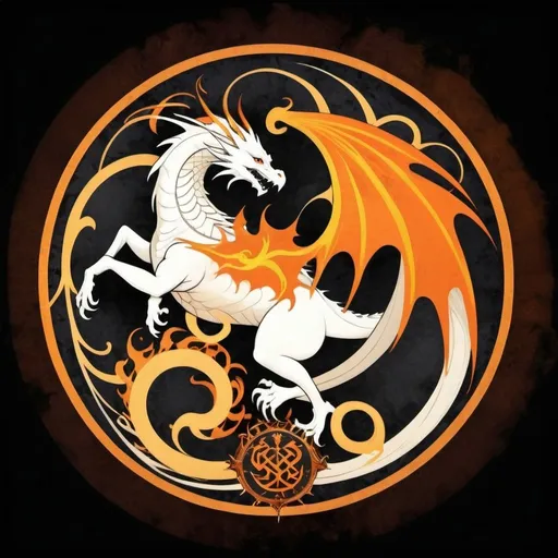 Prompt: Create a stylised house sigil for a Valyrian noble house from Game of Thrones depicting a white dragon coiled around a black tower, with flames erupting from its mouth and wings spread wide against a background of vibrant orange or golden yellow. Beneath the sigil, include the house words 'Eternal Flame, Unyielding Power' written in elegant, stylized lettering reminiscent of ancient Valyrian script. The image should convey a sense of regal majesty, power, and dominance, reflecting the noble lineage and formidable nature of House Draconis.