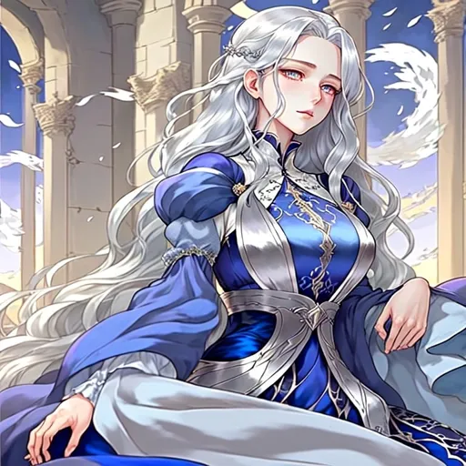 Prompt: Create a high-quality fantasy anime artwork featuring a beautiful silver-haired lady with fair skin. Her long, lustrous hair is parted to one side and flows freely in the wind. She has pale purple eyes that reflect a deep, pensive emotion. The lighting should be warm and cinematic, enhancing her elegant and sensual appearance. She is dressed in medieval nobility fashion, wearing a blue silk dress that highlights her hourglass figure. The setting could be an ancient castle or a serene landscape, complementing her regal presence. The composition should focus on her upper body, capturing the intricate details of her dress and her graceful pose.