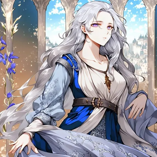 Prompt: Fantasy anime art featuring a beautiful silver-haired lady with fair skin and long lustrous silver side-parting hair. Her long loose silver hair is windswept. The irises of her eyes are pale purple in color. The lighting should be warm tone and cinematic. The lady is elegant, sensual and pensive. She is dressed in the fashion of medieval nobility and wears a blue silk dress. She has an hourglass figure and perfect body proportions. She has a natural complexion and does not wear makeup. The art should be of the best quality and similar to art trending on artstation. 