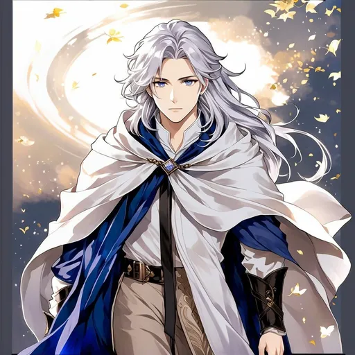 Prompt: Fantasy anime art featuring a handsome man in his early twenties with fair skin and long lustrous silver hair. His long loose hair is windswept. He is clean-shaven and beardless. His eyes are pale purple in color. He is holding a sword. The lighting should be cool-toned and cinematic. The man is elegant, dignified and pensive. He is wearing a blue travelling cloak. He is lean, fit and has perfect body proportions. The art should be HDR and highly detailed, similar to art trending on Artstation. 