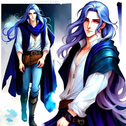 Prompt: Fantasy art featuring a handsome blue-haired man in his early twenties with fair skin and long lustrous dark blue hair. His long loose dark blue hair is windswept. He is clean-shaven and beardless. The irises of his eyes are pale purple in color. The lighting should be cool-toned and cinematic. The man is elegant, dignified and pensive. He is wearing a blue travelling cloak. He is lean, fit and has perfect body proportions. The art should be HDR and highly detailed, similar to art trending on Artstation. 
