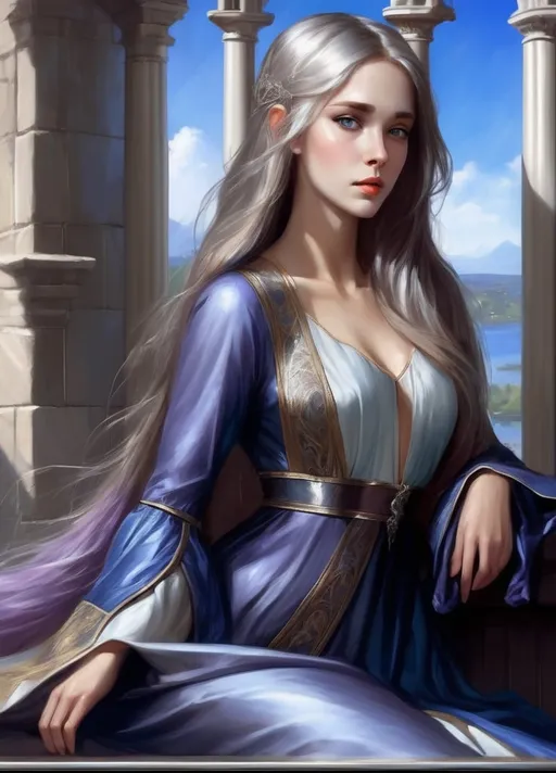 Prompt: Fantasy art featuring a beautiful lady with fair skin and long lustrous silver side-parting hair. Her long loose hair is windswept. The irises of her eyes are pale purple in color. The lighting should be warm tone and cinematic. The lady is elegant, sensual and pensive. She is dressed in the fashion of medieval nobility and wears a blue silk dress. She has an hourglass figure and perfect body proportions. She has a natural complexion and does not wear makeup. The art should be of the best quality and similar to art trending on artstation. 