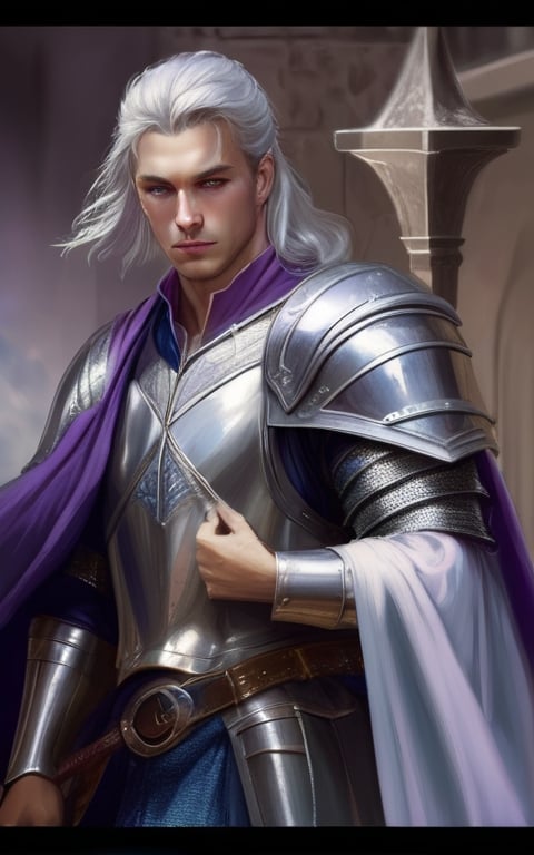 Prompt: Fantasy art featuring a handsome male knight in his early twenties with fair skin and long lustrous silver hair. His long loose hair is windswept. He is clean-shaven and beardless. The irises of his eyes are pale purple in color. The lighting should be cool-toned and cinematic. The knight is elegant, dignified and pensive. He is dressed in intricate silver armour with a blue cape. He is lean, fit and has perfect body proportions. The art should be HDR, of the best quality and similar to art trending on Artstation. 