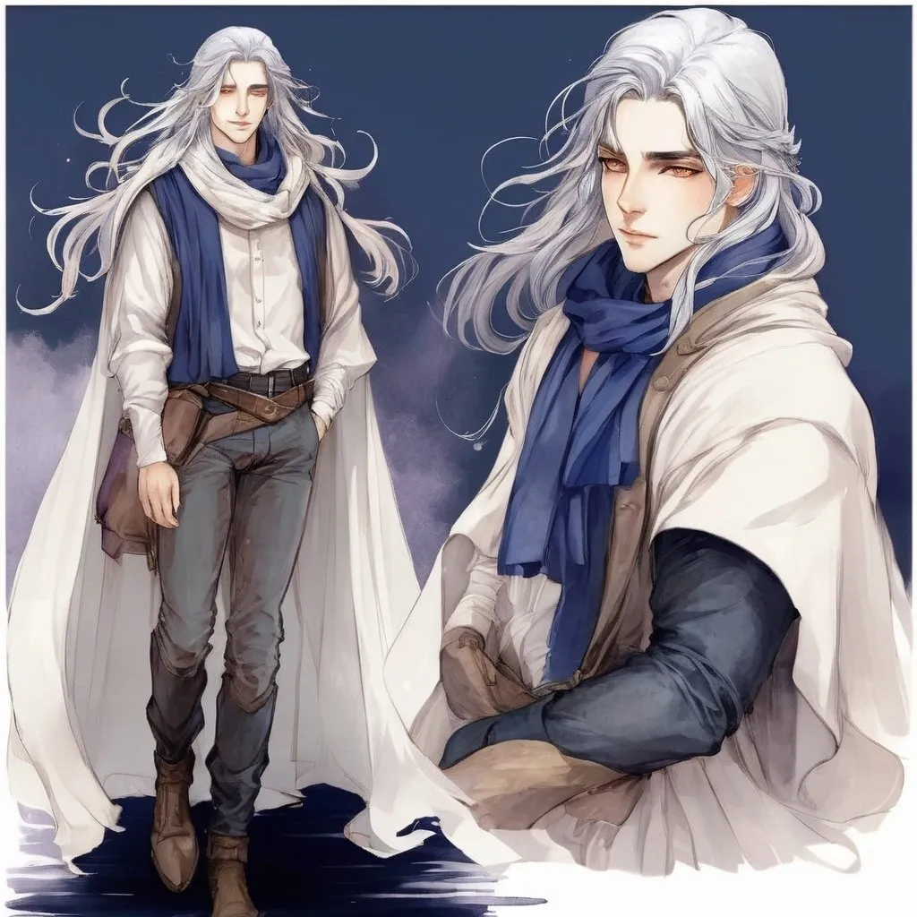 Prompt: Fantasy art featuring a handsome man in his early twenties with fair skin and long lustrous silver hair. His long loose hair is windswept. He is clean-shaven and beardless. The irises of his eyes are pale purple in color. The lighting should be cool-toned and cinematic. The man is elegant, dignified and pensive. He is wearing a blue travelling cloak. He is lean, fit and has perfect body proportions. The art should be HDR and highly detailed, similar to art trending on Artstation. 
