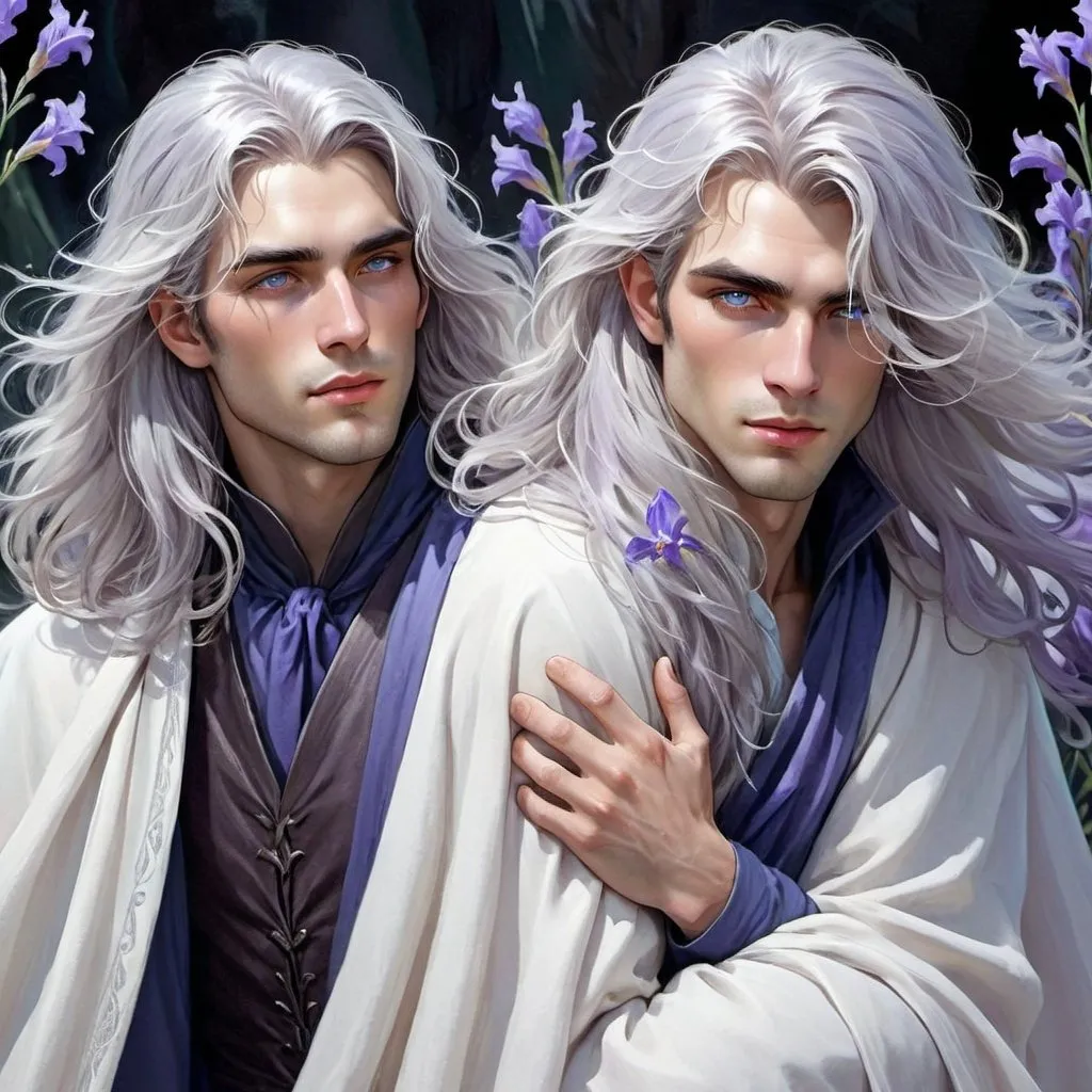 Prompt: Fantasy art featuring a handsome man in his early twenties with fair skin and long lustrous silver hair. His long loose hair is windswept. He is clean-shaven and beardless. The irises of his eyes are pale purple in color. The lighting should be cool-toned and cinematic. The man is elegant, dignified and pensive. He is wearing a blue travelling cloak. He is lean, fit and has perfect body proportions. The art should be HDR and highly detailed, similar to art trending on Artstation. 