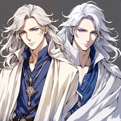 Prompt: Fantasy anime art featuring a handsome man in his early twenties with fair skin and long lustrous silver hair. His long loose hair is windswept. He is clean-shaven and beardless. His eyes are pale purple in color. The lighting should be cool-toned and cinematic. The man is elegant, dignified and pensive. He is wearing a blue travelling cloak. He is lean, fit and has perfect body proportions. The art should be HDR and highly detailed, similar to art trending on Artstation. 