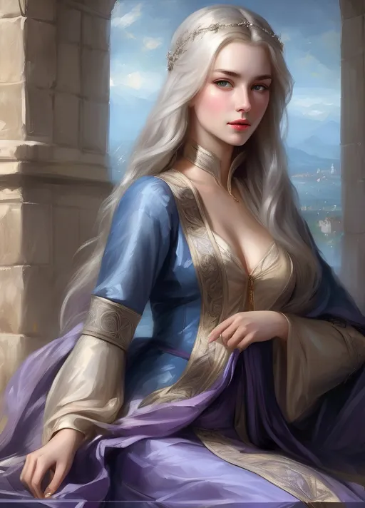 Prompt: Generate fantasy art featuring a beautiful lady with fair skin and long lustrous silver side-parting hair. Her long loose hair is windswept. The irises of her eyes are pale purple in color. The lighting should be warm tone and cinematic. The lady is elegant, sensual and pensive. She is dressed in the fashion of medieval nobility and wears a blue silk dress. She has an hourglass figure and perfect body proportions. She has a natural complexion and does not wear makeup. The art should be of the best quality and similar to art trending on artstation. 