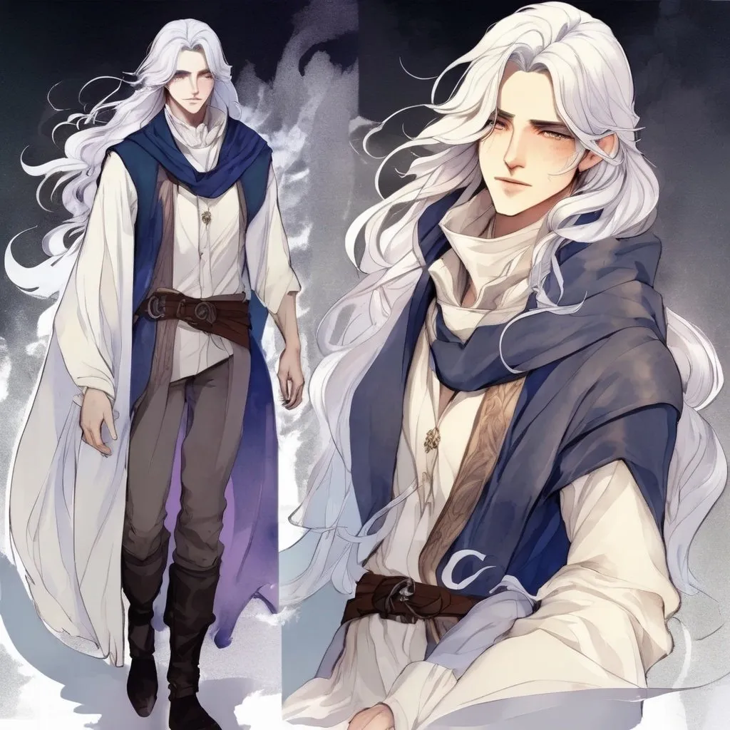 Prompt: Fantasy art featuring a handsome man in his early twenties with fair skin and long lustrous silver hair. His long loose hair is windswept. He is clean-shaven and beardless. The irises of his eyes are pale purple in color. The lighting should be cool-toned and cinematic. The man is elegant, dignified and pensive. He is wearing a blue travelling cloak. He is lean, fit and has perfect body proportions. The art should be HDR and highly detailed, similar to art trending on Artstation. 