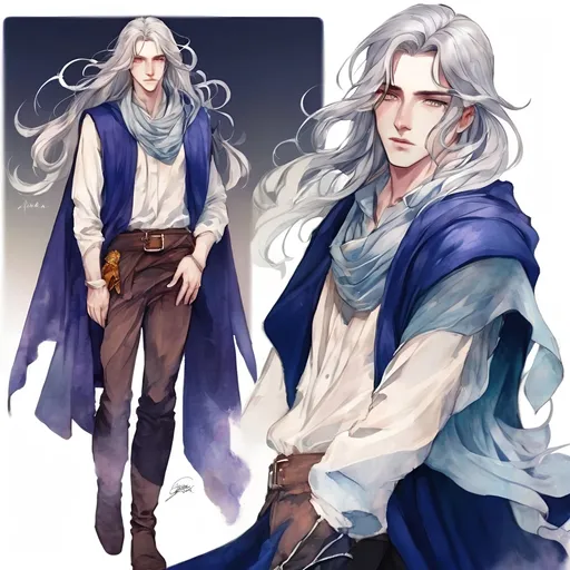 Prompt: Fantasy art featuring a handsome man in his early twenties with fair skin and long lustrous silver hair. His long loose hair is windswept. He is clean-shaven and beardless. The irises of his eyes are pale purple in color. The lighting should be cool-toned and cinematic. The man is elegant, dignified and pensive. He is wearing a blue travelling cloak. He is lean, fit and has perfect body proportions. The art should be HDR and highly detailed, similar to art trending on Artstation. 