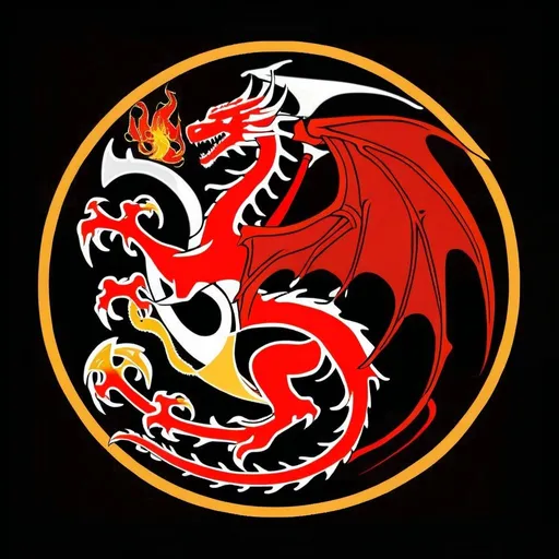 Prompt: Create a stylised house sigil for a Valyrian noble house from Game of Thrones depicting a white dragon coiled around a black tower, with flames erupting from its mouth and wings spread wide against a background of vibrant orange or golden yellow. Beneath the sigil, include the house words 'Eternal Flame, Unyielding Power' written in elegant, stylized lettering reminiscent of ancient Valyrian script. The image should convey a sense of regal majesty, power, and dominance, reflecting the noble lineage and formidable nature of House Draconis.