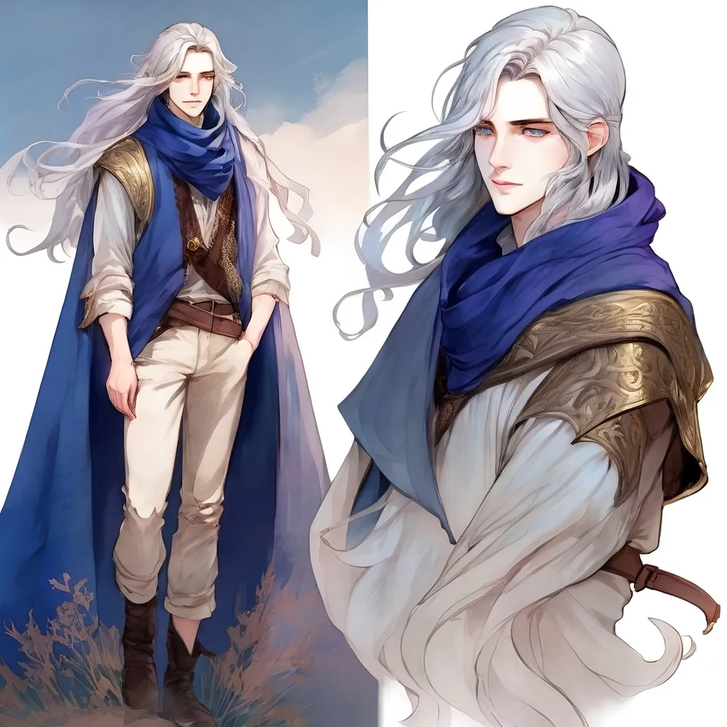 Prompt: Fantasy art featuring a handsome man in his early twenties with fair skin and long lustrous silver hair. His long loose hair is windswept. He is clean-shaven and beardless. The irises of his eyes are pale purple in color. The lighting should be cool-toned and cinematic. The man is elegant, dignified and pensive. He is wearing a blue travelling cloak. He is lean, fit and has perfect body proportions. The art should be HDR and highly detailed, similar to art trending on Artstation. 