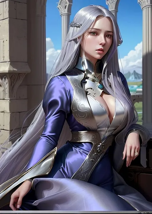 Prompt: Generate fantasy art featuring a beautiful lady with fair skin and long lustrous silver side-parting hair. Her long loose hair is windswept. The irises of her eyes are pale purple in color. The lighting should be warm-toned and cinematic. The lady is elegant, sensual and pensive. She is dressed in the fashion of medieval nobility and wears a blue silk dress. She has an hourglass figure and perfect body proportions. She has a natural complexion and does not wear makeup. The art should be of the best quality and similar to art trending on Artstation. 