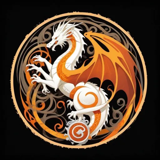 Prompt: Create a stylised house sigil for a Valyrian noble house from Game of Thrones depicting a white dragon coiled around a black tower, with flames erupting from its mouth and wings spread wide against a background of vibrant orange or golden yellow. Beneath the sigil, include the house words 'Eternal Flame, Unyielding Power' written in elegant, stylized lettering reminiscent of ancient Valyrian script. The image should convey a sense of regal majesty, power, and dominance, reflecting the noble lineage and formidable nature of House Draconis.