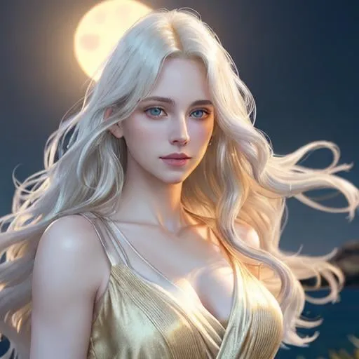 Prompt: Beautiful lady, fair pale skin, ancient Grecian sleeveless dress, realistic skin texture, cinematic lighting, special effects, hd octane render, professional photograph, evening lighting, golden hour lighting, warm tone, photorealistic, bright lustrous silver platinum blonde hair, very long wavy hair, hair like moonlight, windswept hair, fine pale purple eyes, flowing white and red silk dress, elegant, best quality, hyper-detailed perfect face, long legs, perfect body, high-resolution beautiful face, perfect proportions, intricate hyper-detailed hair, light makeup, highly detailed, intricate hyper-detailed shining eyes, ethereal, HDR, UHD, high resolution, 64k, trending on artstation, sensual, pensive, graceful, detailed masterpiece, detailed composition, full-body shot, proportionate limbs, hourglass figure, long eyelashes 