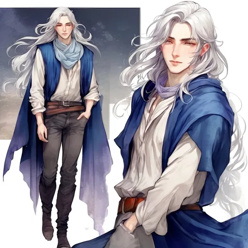 Prompt: Fantasy art featuring a handsome man in his early twenties with fair skin and long lustrous silver hair. His long loose hair is windswept. He is clean-shaven and beardless. The irises of his eyes are pale purple in color. The lighting should be cool-toned and cinematic. The man is elegant, dignified and pensive. He is wearing a blue travelling cloak. He is lean, fit and has perfect body proportions. The art should be HDR and highly detailed, similar to art trending on Artstation. 