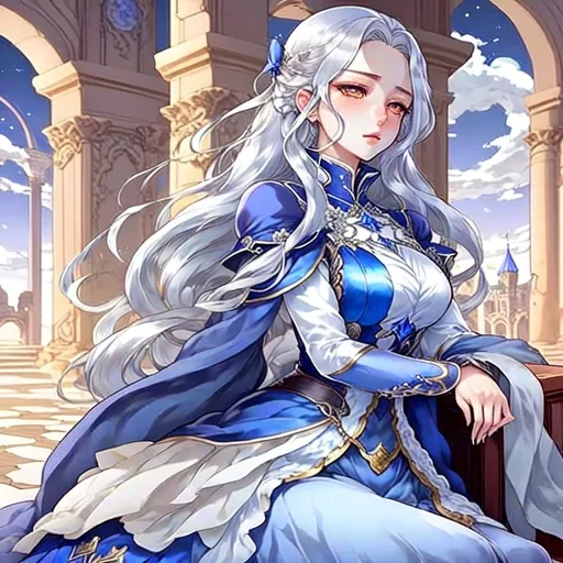 Prompt: Create a high-quality fantasy anime artwork featuring a beautiful silver-haired lady with fair skin. Her long, lustrous hair is parted to one side and flows freely in the wind. She has pale purple eyes that reflect a deep, pensive emotion. The lighting should be warm and cinematic, enhancing her elegant and sensual appearance. She is dressed in medieval nobility fashion, wearing a blue silk dress that highlights her hourglass figure. The setting could be an ancient castle or a serene landscape, complementing her regal presence. The composition should focus on her upper body, capturing the intricate details of her dress and her graceful pose.