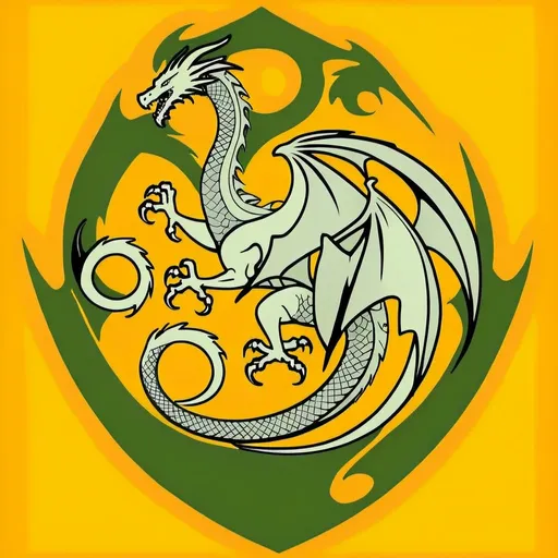 Prompt: Create a stylised house sigil for a Valyrian noble house from Game of Thrones depicting a silver dragon coiled around a black tower, with flames erupting from its mouth and wings spread wide against a background of vibrant orange or golden yellow. Beneath the sigil, include the house words 'Eternal Flame, Unyielding Power' written in elegant, stylized lettering reminiscent of ancient Valyrian script. The image should convey a sense of regal majesty, power, and dominance, reflecting the noble lineage and formidable nature of House Draconis.