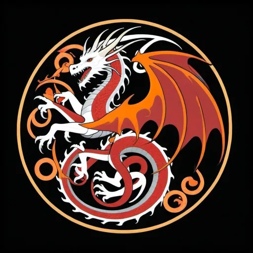 Prompt: Create a stylised house sigil for a Valyrian noble house from Game of Thrones depicting a white dragon coiled around a black tower, with flames erupting from its mouth and wings spread wide against a background of vibrant orange or golden yellow. Beneath the sigil, include the house words 'Eternal Flame, Unyielding Power' written in elegant, stylized lettering reminiscent of ancient Valyrian script. The image should convey a sense of regal majesty, power, and dominance, reflecting the noble lineage and formidable nature of House Draconis.