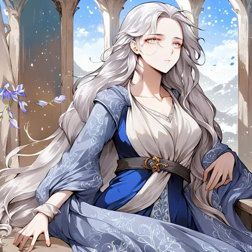 Prompt: Fantasy anime art featuring a beautiful lady with fair skin and long lustrous silver side-parting hair. Her long loose hair is windswept. The irises of her eyes are pale purple in color. The lighting should be warm tone and cinematic. The lady is elegant, sensual and pensive. She is dressed in the fashion of medieval nobility and wears a blue silk dress. She has an hourglass figure and perfect body proportions. She has a natural complexion and does not wear makeup. The art should be of the best quality and similar to art trending on artstation. 