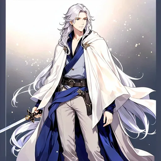 Prompt: Fantasy anime art featuring a handsome man holding a sword. He is in his early twenties with fair skin and long lustrous silver hair. His long loose hair is windswept. He is clean-shaven and beardless. His eyes are pale purple in color. The lighting should be cool-toned and cinematic. The man is elegant, dignified and pensive. He is wearing a blue travelling cloak. He is lean, fit and has perfect body proportions. The art should be HDR and highly detailed, similar to art trending on Artstation. 