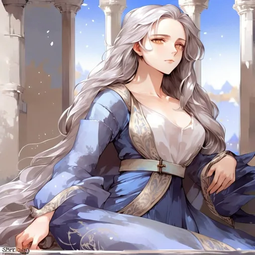 Prompt: Fantasy anime art featuring a beautiful lady with fair skin and long lustrous silver side-parting hair. Her long loose hair is windswept. The irises of her eyes are pale purple in color. The lighting should be warm tone and cinematic. The lady is elegant, sensual and pensive. She is dressed in the fashion of medieval nobility and wears a blue silk dress. She has an hourglass figure and perfect body proportions. She has a natural complexion and does not wear makeup. The art should be of the best quality and similar to art trending on artstation. 